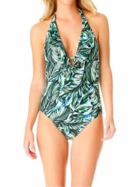 a.n.a Green Leaf Tropical Print Halter One-Piece Swimsuit Size M NWT